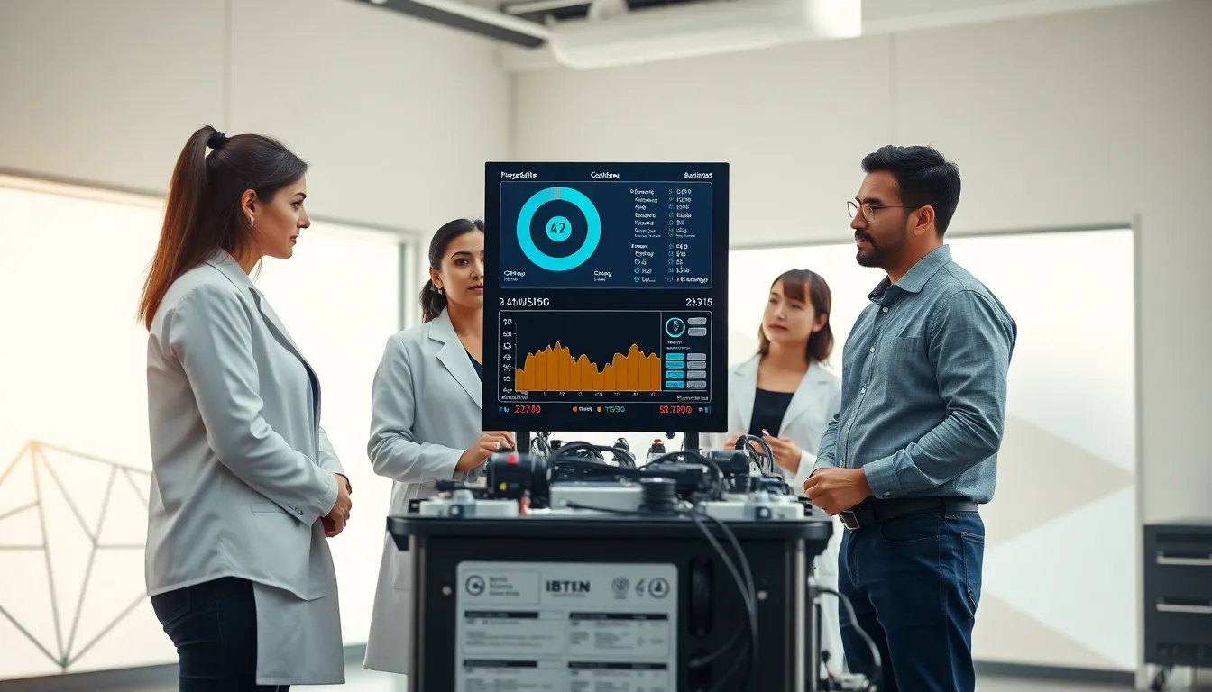 engineers monitoring battery thermal management system in a high-tech lab